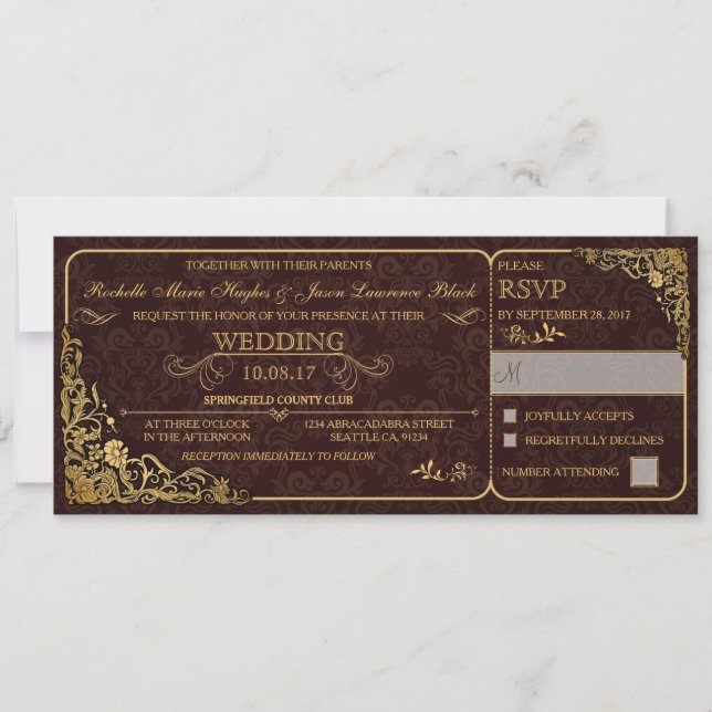 Invitación de entrada de boda victoriana con RSVP (Anverso)