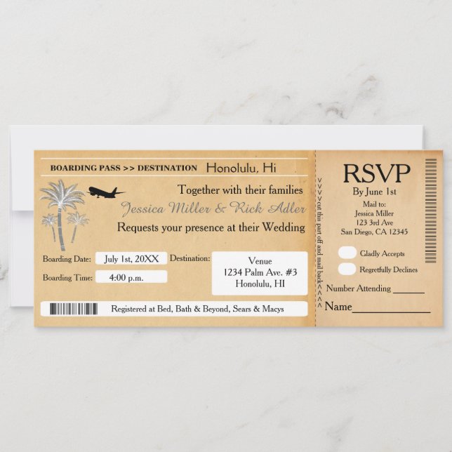 Invitación de entrada de destino de bodas de vinta (Anverso)