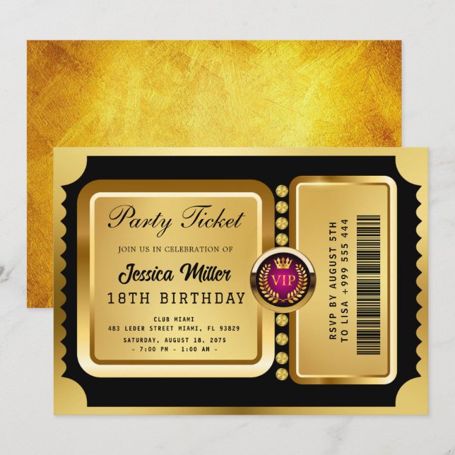 Invitación de Entrada de Fiesta Dorada (Anverso / Reverso)