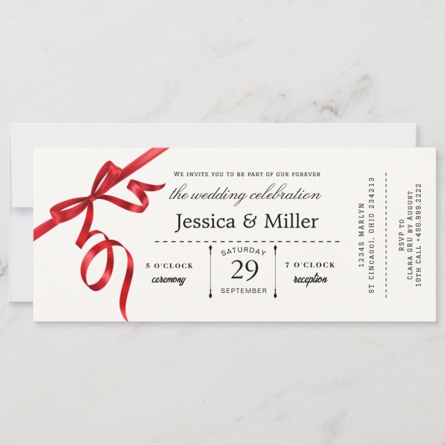 Invitación de entrada para boda elegante con cinta (Anverso)