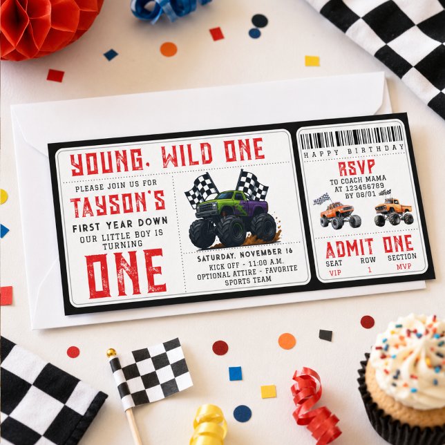 Invitación de entrada para el 1er cumpleaños de Mo (Monster Trucks 1st Birthday Ticket Invitation
)