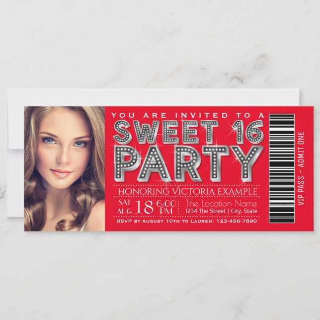 Invitación de Entrada para Fiesta Sweet 16 Roja Pl (Anverso)