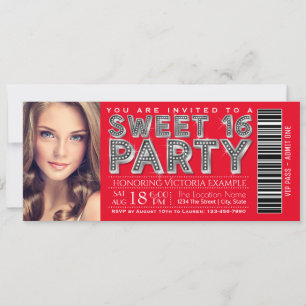 Invitación de Entrada para Fiesta Sweet 16 Roja Pl