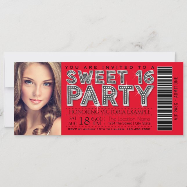 Invitación de Entrada para Sweet 16 Rojo Negro (Anverso)