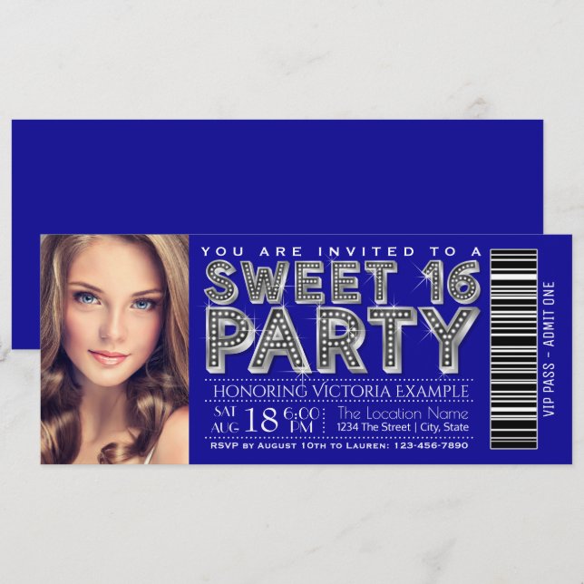 Invitación de entrada Sweet 16 azul real plateada (Anverso / Reverso)
