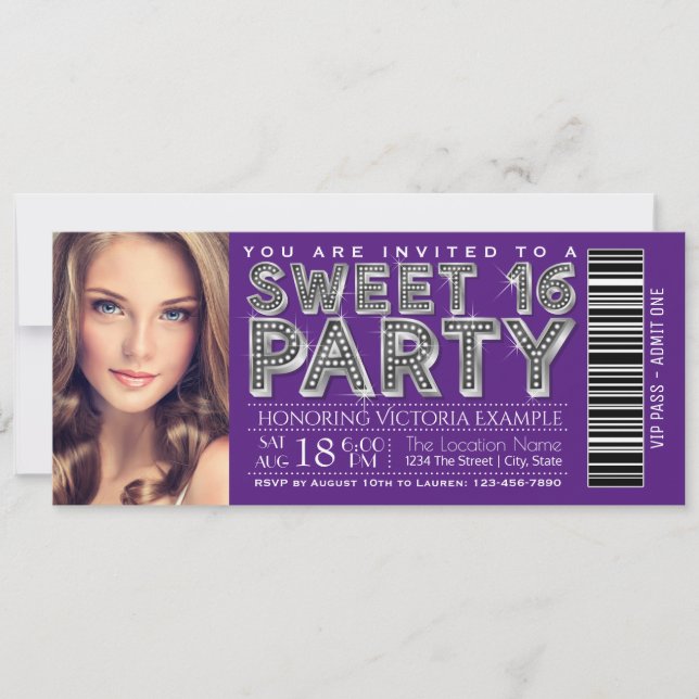 Invitación de entrada Sweet 16 de plata morada (Anverso)