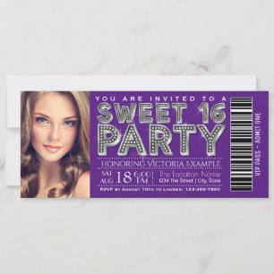 Invitación de entrada Sweet 16 de plata morada