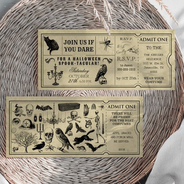 Invitación de Entrada Vintage para Fiesta de Hallo (Vintage Ticket Halloween Party Invitation Front and Back)