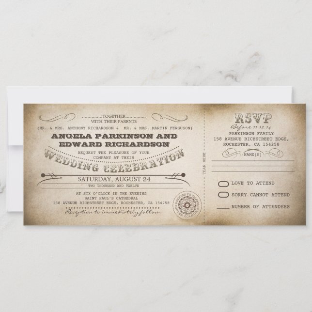 Invitación de entradas de época boda con diseño RS (Anverso)