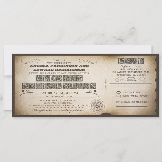 Invitación de entradas de época boda con diseño RS (Anverso)