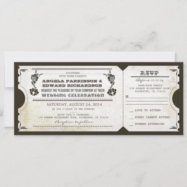 Invitación de entradas de época boda con diseño RS (Anverso)