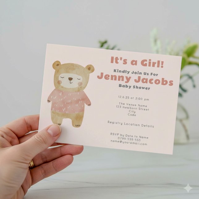 Invitación de "es un chica" a través de Pink Bear  (Sleepy pink teddy bear its a girl party invitation card.)