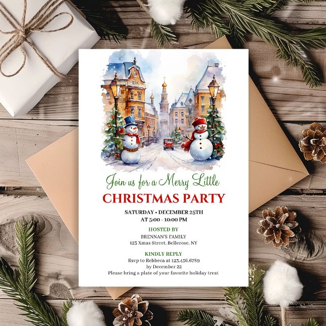Invitación de escena navideña en acuarela jugueton (Playful watercolor Christmas scene invitation)