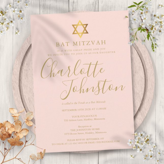 Invitación de escritura rosa con rubor para Bat Mi (Bat Mitzvah Blush Pink Gold Script Invitation)