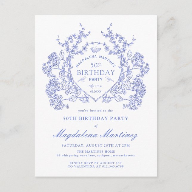 Invitación de Escudo Floral Azul de cumpleaños 50  (Anverso)