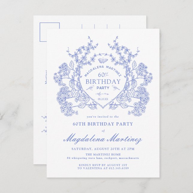 Invitación de Escudo Floral Azul de cumpleaños 60º (Anverso / Reverso)