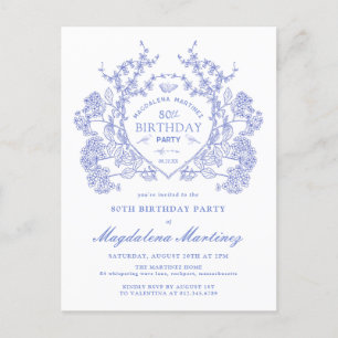 Invitación de Escudo Floral Azul de cumpleaños 80º