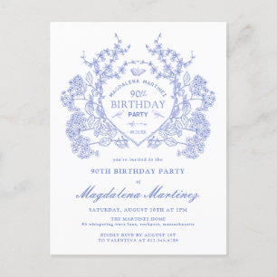 Invitación de Escudo Floral Azul de cumpleaños 90º