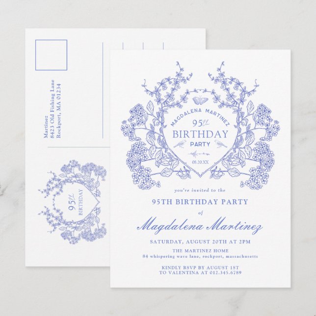 Invitación de Escudo Floral Azul de cumpleaños 95º (Anverso / Reverso)