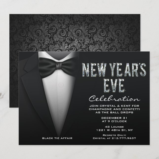 Invitación de esmoquin brillante para Nochevieja (Anverso / Reverso)
