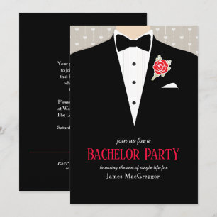 Invitación de esmoquin con rosa roja para despedid