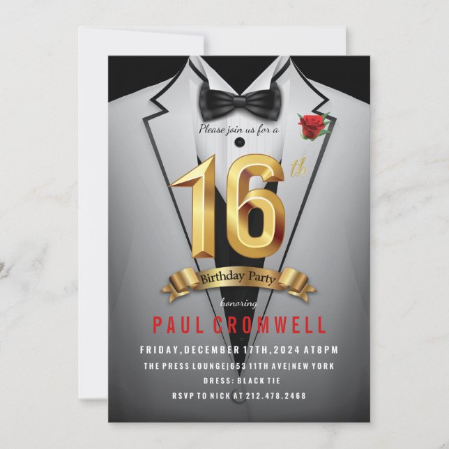 Invitación de esmoquin para cumpleaños 16 dulces 1 (Anverso)