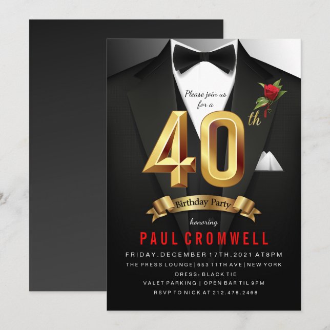 Invitación de esmoquin para cumpleaños 40 (Anverso / Reverso)