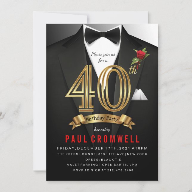 Invitación de esmoquin para cumpleaños 40 (Anverso)
