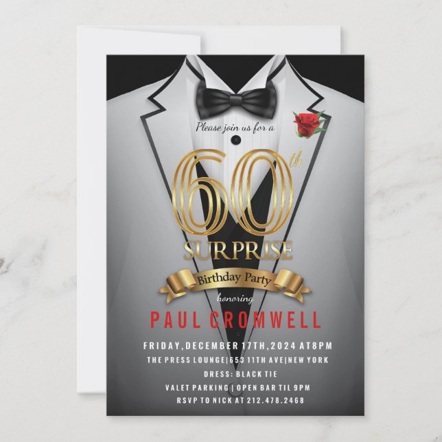 Invitación de esmoquin sorpresa para 60 cumpleaños (Anverso)