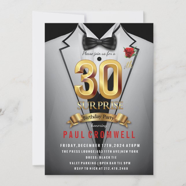 Invitación de esmoquin sorpresa para cumpleaños 30 (Anverso)
