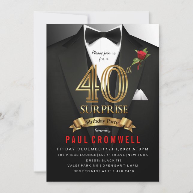 Invitación de esmoquin sorpresa para cumpleaños 40 (Anverso)