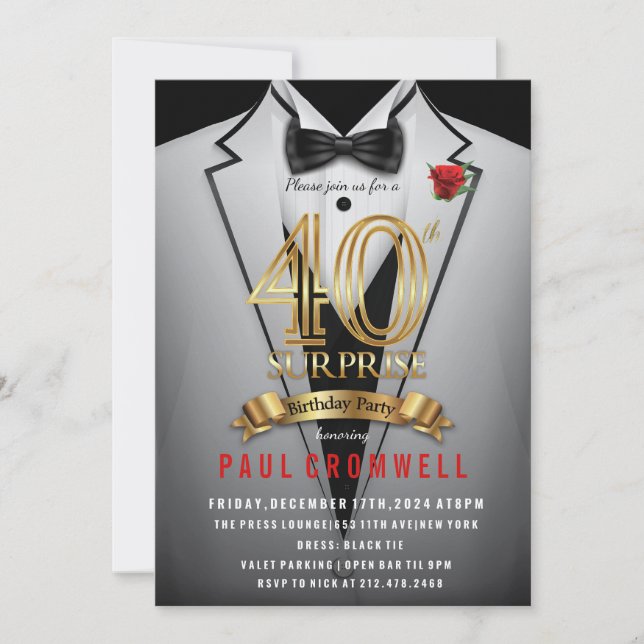 Invitación de esmoquin sorpresa para cumpleaños 40 (Anverso)