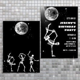 Invitación de esqueleto bailando bola de discoteca