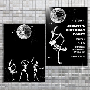 Invitación de esqueleto bailando bola de discoteca