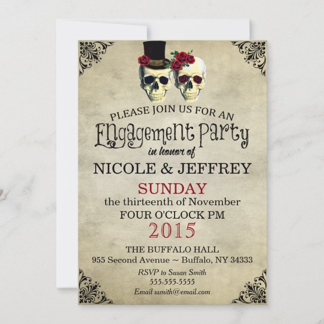 Invitación de esqueleto de cráneo para boda y fies (Anverso)