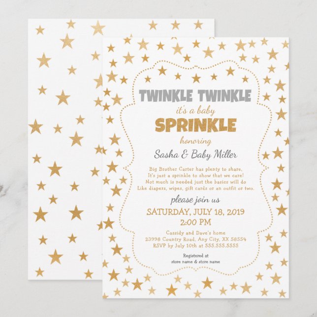 Invitación de estrella de oro Neutral Twinkle Baby (Anverso / Reverso)