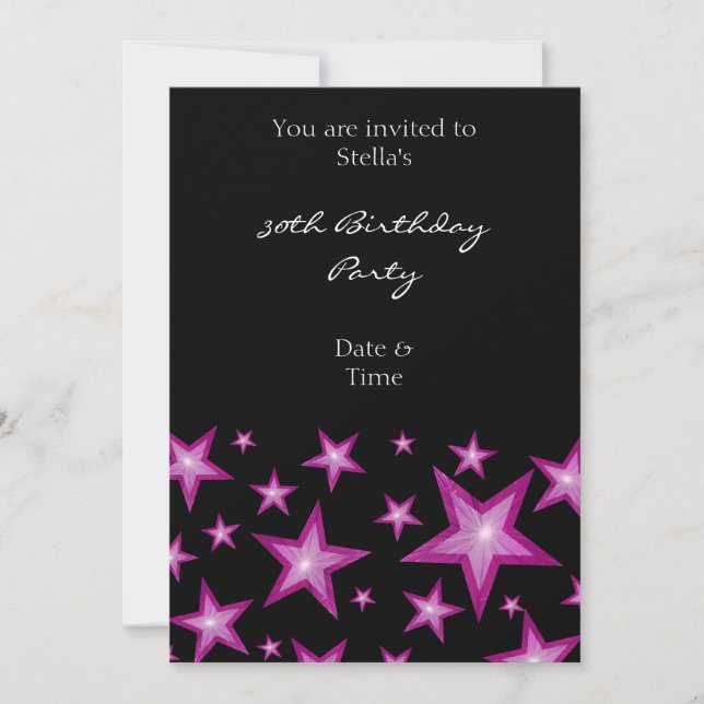 Invitación de estrellas rosas vertical negro (Anverso)