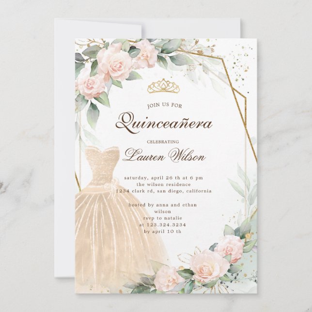 invitación de eucalipto dorado floral Quinceañera (Anverso)