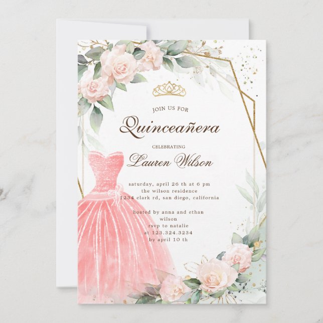 invitación de eucalipto dorado floral Quinceañera (Anverso)