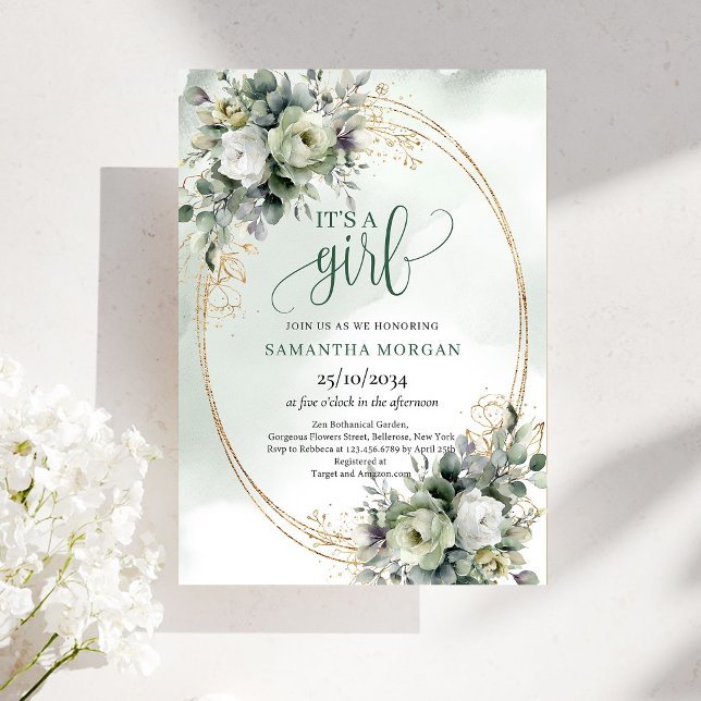 Invitación de eucalipto Little Blessing Es una niñ (Little Blessing Eucalyptus It's a Girl Invite)