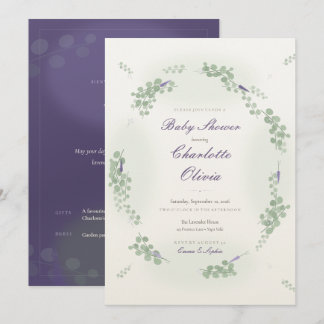 Invitación de eucalipto para baby shower de lavand