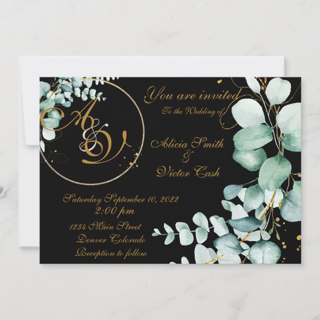 Invitación de eucalipto y dorado sobre negro (Anverso)