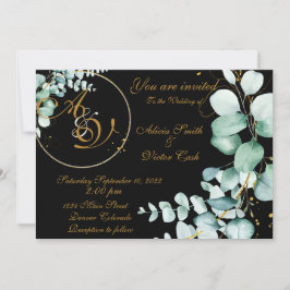 Invitación de eucalipto y dorado sobre negro