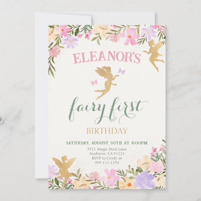 Invitación de Fairy First Birday Party Fairies (Anverso)