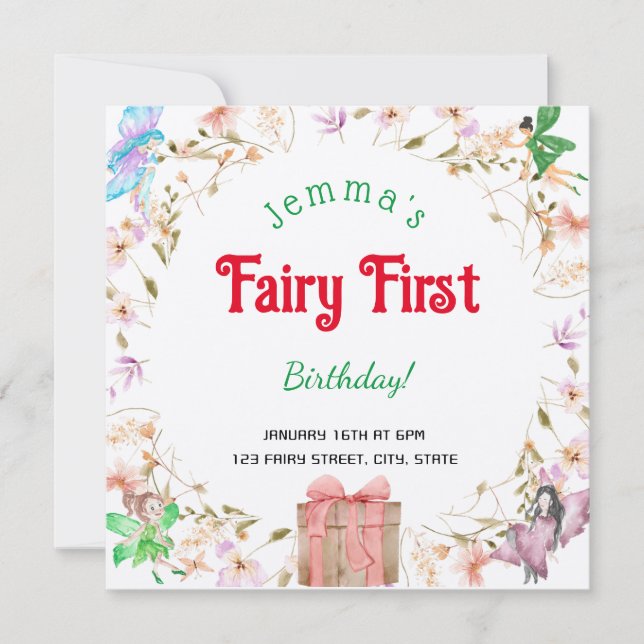 Invitación de Fairy First Birday Watercolor GiftBo