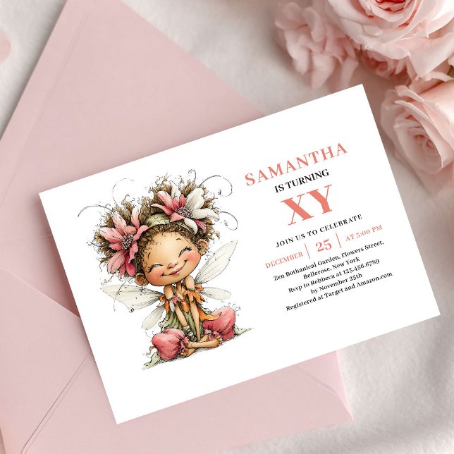 Invitación de Fantasía de Hada para el 8º Cumpleañ (Whimsy Fairy Girl 8th Birthday Floral Pink invitation)