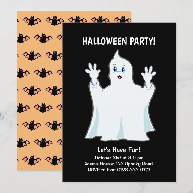 Invitación de Fantasma de Halloween en Negro (Anverso / Reverso)