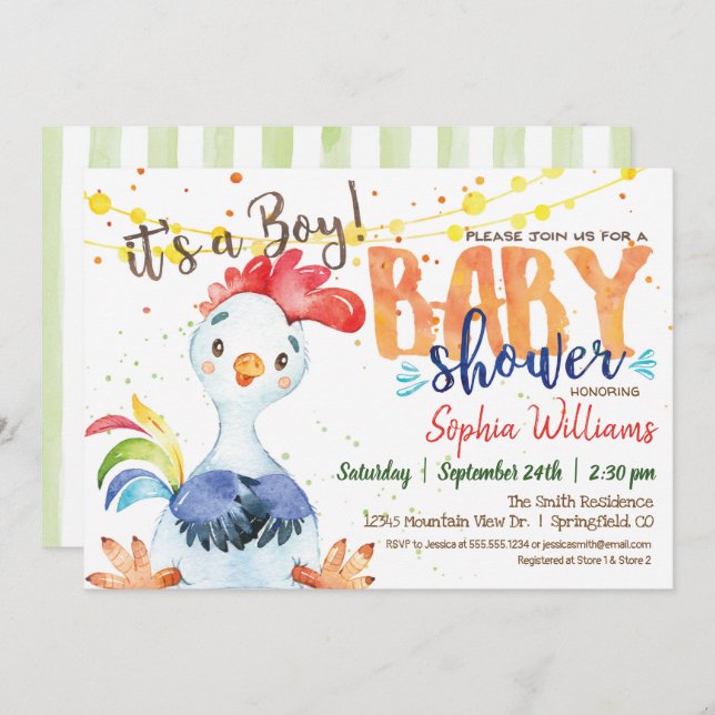 Invitación de Farm Boy Baby Shower Rooster (Anverso / Reverso)