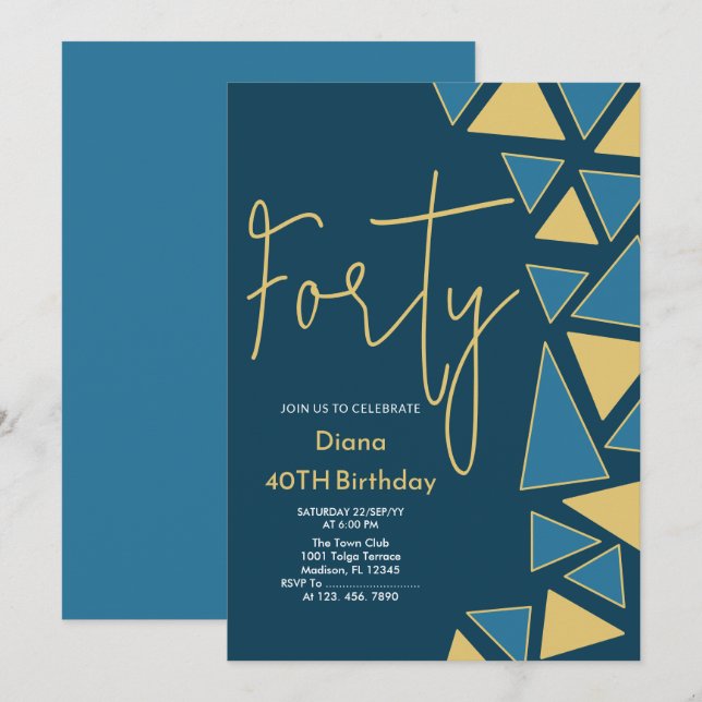 Invitación de Faux Gold y Blue Birthday (Anverso / Reverso)