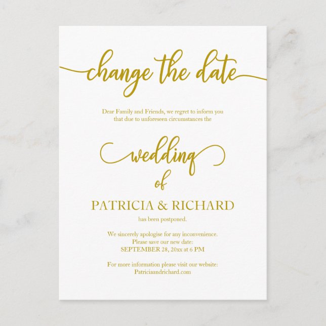 Invitación de fecha Boda pospuesta  elegante oro (Anverso)